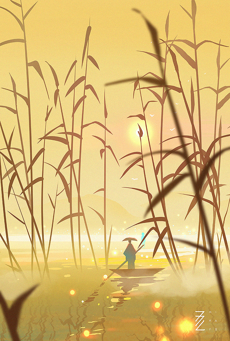 2others ambiguous_gender artist_name bird blue_skin boat colored_skin commentary english_commentary fireflies from_behind holding holding_oar japanese_clothes kimono long_sleeves mina_fz. mini_person mountainous_horizon multiple_others oar original outdoors reflection reflective_water sandogasa short_hair silhouette sky standing standing_on_liquid sun sunset too_many too_many_birds watercraft watermark wide_sleeves yellow_sky