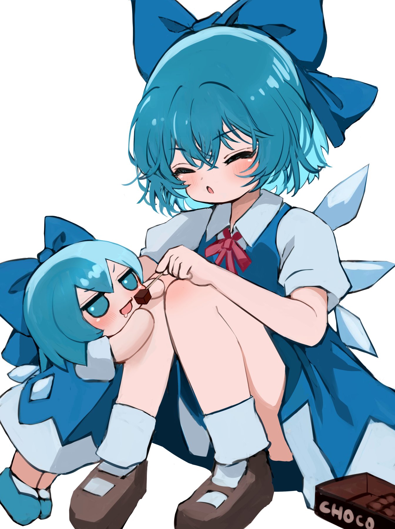 1girl blue_bow blue_dress blue_eyes blue_hair bow chibi chocolate cirno clone dress feeding hair_bow height_difference highres ice ice_wings mikan_(manmarumikan) short_hair sitting touhou white_background wings