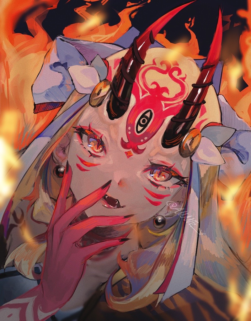 1girl black_nails blonde_hair bow close-up earrings eyeliner facial_mark fangs fate/grand_order fate_(series) fingernails fire forehead_mark hair_bow head_tilt horns ibaraki_douji_(fate) jewelry long_hair looking_at_viewer makeup oni oni_horns open_mouth sharp_fingernails shuu_(amane_v) slit_pupils smile solo yellow_eyes