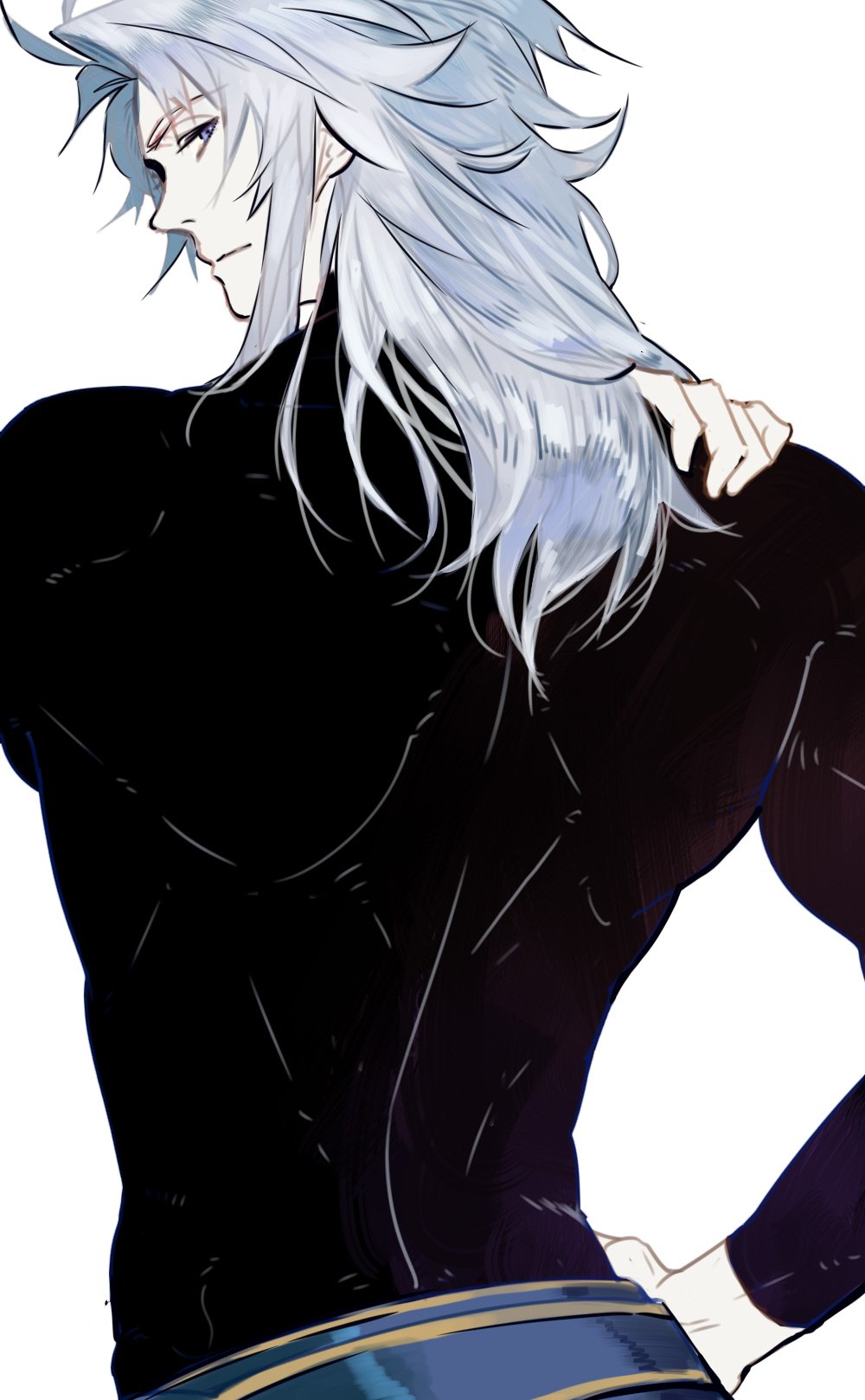 1boy belt black_shirt blue_belt blue_eyes expressionless facing_away final_fantasy final_fantasy_i hand_on_own_hip hand_on_own_shoulder highres long_hair long_sleeves looking_back male_focus muscular muscular_male nini_tw99 shirt simple_background skin_tight solo turtleneck warrior_of_light_(ff1) white_background white_hair