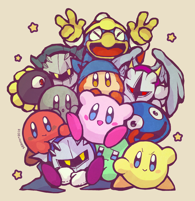bandana bandana_waddle_dee blue_bandana blue_skin blush_stickers cape colored_skin dark_matter dark_meta_knight double_v galacta_knight gloves gooey_(kirby) green_skin grey_skin king_dedede kirby kirby_(series) looking_at_viewer mask meta_knight mikoto-tsuki multiple_persona no_humans one-eyed open_mouth pink_skin pom_pom_(clothes) red_eyes scar shadow_kirby smile solid_oval_eyes star_(symbol) tongue tongue_out v wings yellow_gloves yellow_skin