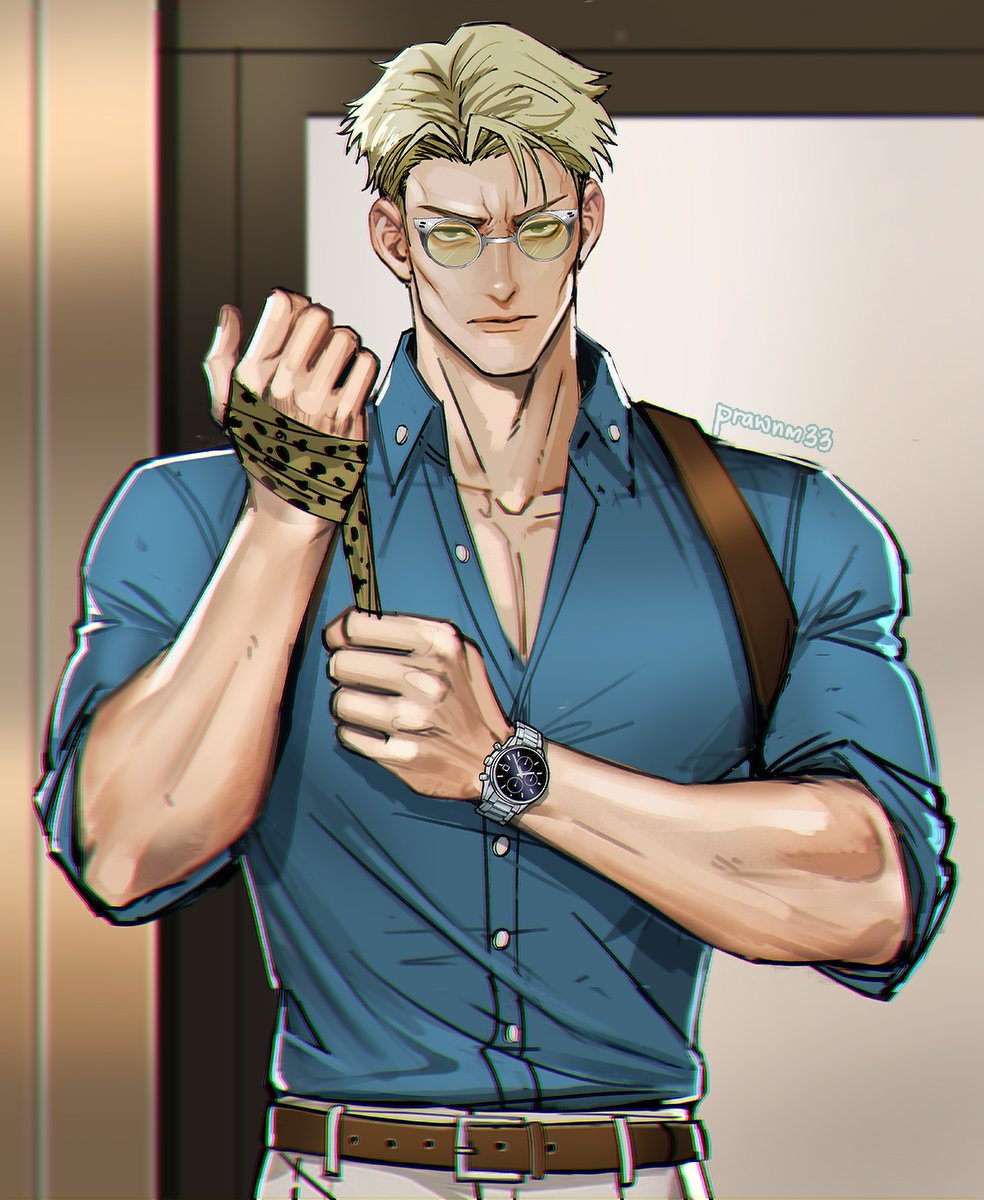 1boy animal_print belt blonde_hair blue_shirt brown_belt brown_eyes clenched_hands collarbone english_commentary goggles grey_pants highres jujutsu_kaisen leopard_print looking_at_viewer male_focus mistermagnolia nanami_kento necktie pants shirt short_hair solo standing suspenders upper_body watch watch yellow_necktie