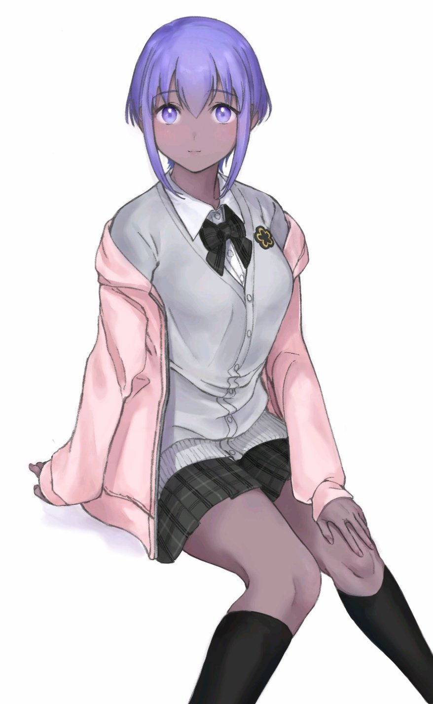 1girl alternate_costume arm_support black_bow black_bowtie black_skirt black_socks bow bowtie cardigan closed_mouth contemporary cowboy_shot dark-skinned_female dark_skin fate/grand_order fate_(series) grey_cardigan hand_on_own_knee hassan_of_serenity_(fate) highres hood hooded_jacket hyakuashi2525 jacket kneehighs light_smile long_sleeves looking_at_viewer off_shoulder pink_jacket plaid plaid_skirt pleated_skirt puffy_long_sleeves puffy_sleeves purple_hair school_uniform shirt short_hair simple_background sitting skirt sleeves_past_wrists socks solo violet_eyes white_background white_shirt