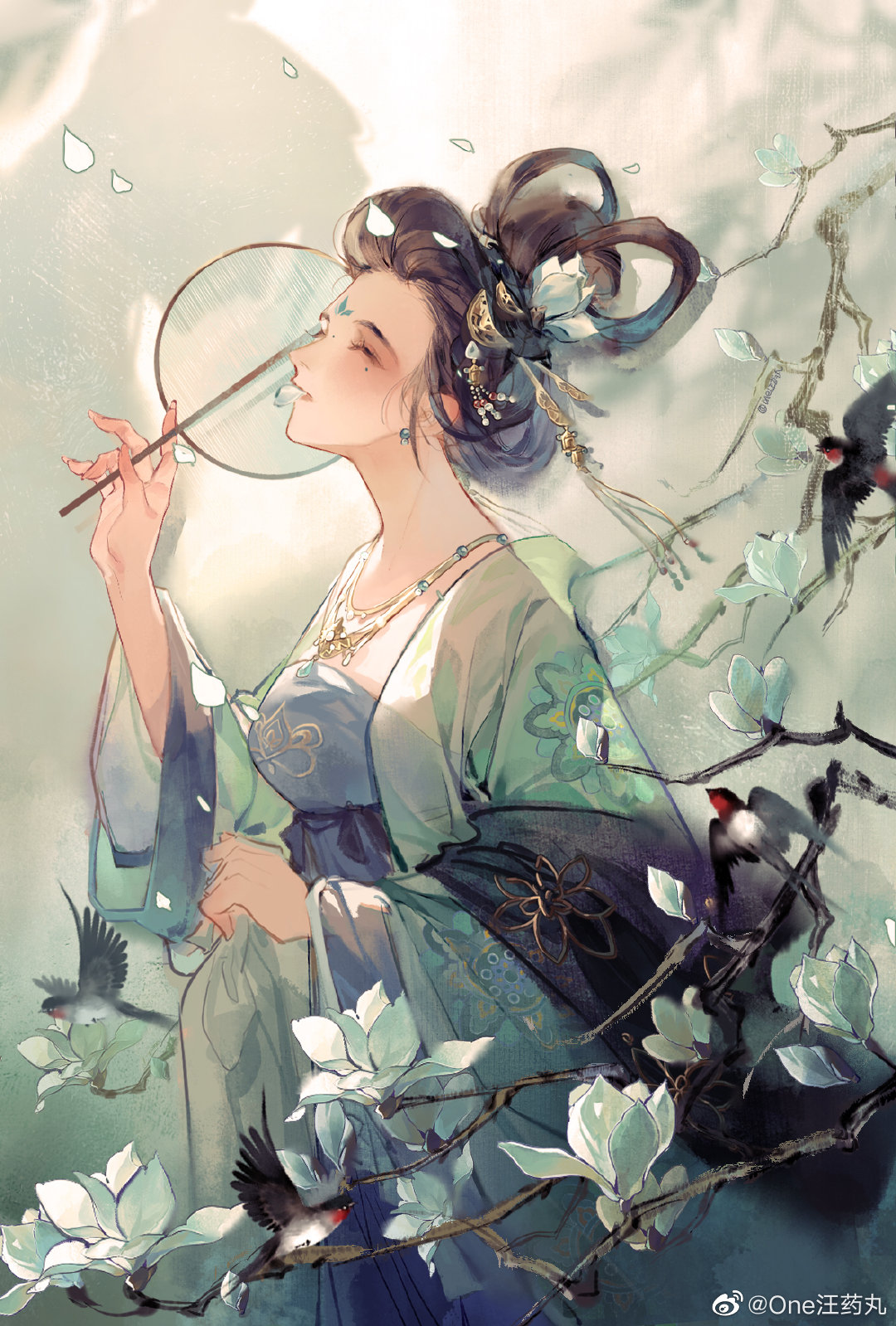 1girl barn_swallow bird black_hair branch check_copyright chinese_clothes chinese_commentary closed_eyes commentary_request copyright_request dress earrings eyelashes eyeshadow facial_mark floral_print flower forehead_mark hair_bun hair_ornament hair_rings hand_fan hanfu highres holding holding_fan jacket jewelry light_blush long_sleeves makeup necklace one_wang_yaowan open_clothes open_robe original outdoors parted_lips petals purple_dress purple_sash red_eyeshadow robe sash see-through see-through_jacket short_hair single_hair_bun sleeveless sleeveless_dress solo sphere_earrings swallow_(bird) tassel tassel_hair_ornament tuanshan upper_body weibo_logo weibo_username white_background white_flower white_robe wide_sleeves