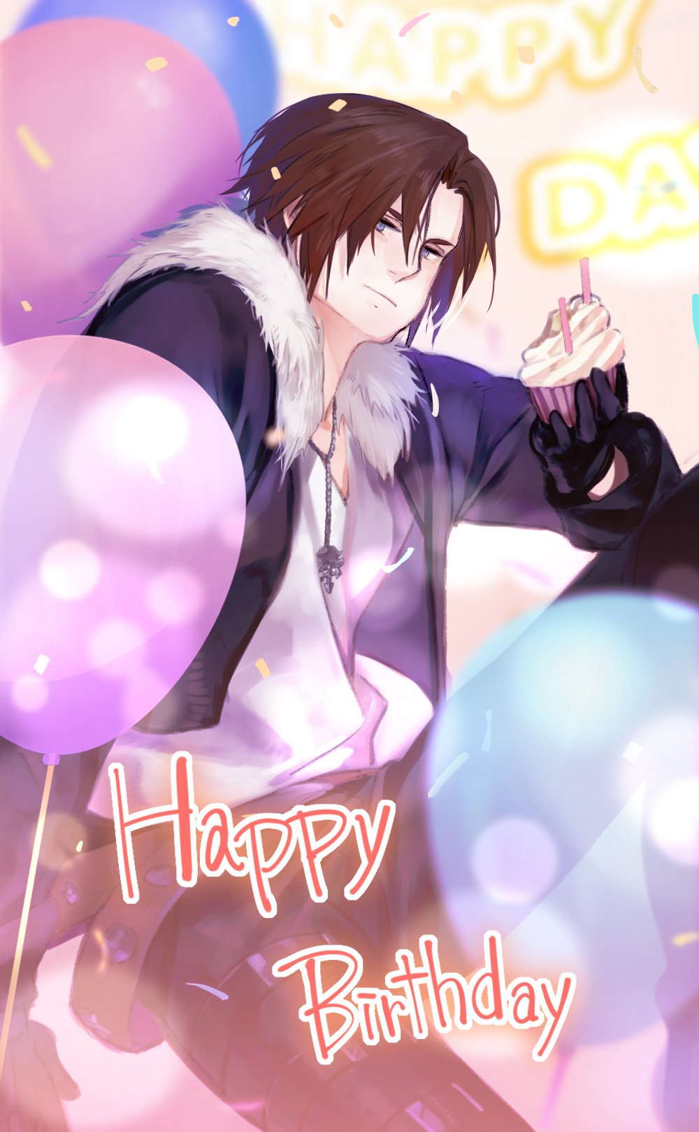 1boy balloon belt black_gloves black_jacket black_pants blue_eyes brown_hair candle confetti cropped_jacket cupcake eating english_text final_fantasy final_fantasy_viii food full_mouth fur-trimmed_jacket fur_trim gloves happy_birthday highres holding holding_food jacket jewelry leather_belt long_sleeves male_focus multiple_belts necklace nini_tw99 open_clothes open_jacket pants party scar scar_on_face scar_on_forehead shirt short_hair sitting solo squall_leonhart v-neck white_shirt