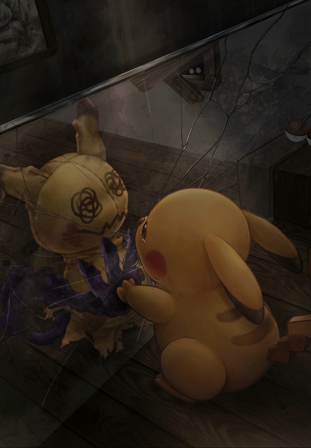animal_focus brown_eyes commentary crack cracked_glass crying different_reflection dl_90_p english_commentary hand_on_glass highres indoors looking_at_mirror mimikyu mirror no_humans pikachu poke_ball poke_ball_(basic) pokemon pokemon_(creature) reflection tears wooden_floor
