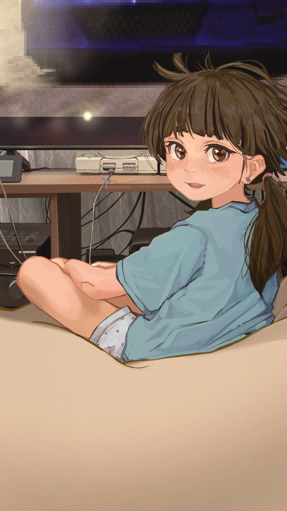 1girl :d bean_bag_chair blue_shirt blue_shorts brown_eyes brown_hair cable casual check_commentary commentary_request earrings from_behind game_console hair_tie highres indian_style ira_(servachok) jewelry leaning_back light_blush looking_at_viewer looking_back loose_hair_strand low_twintails messy_hair original parted_lips playing_games playstation_1 polka_dot polka_dot_shorts russian_commentary servachok shirt short_shorts shorts sitting smile solo stud_earrings t-shirt television thick_eyebrows twintails