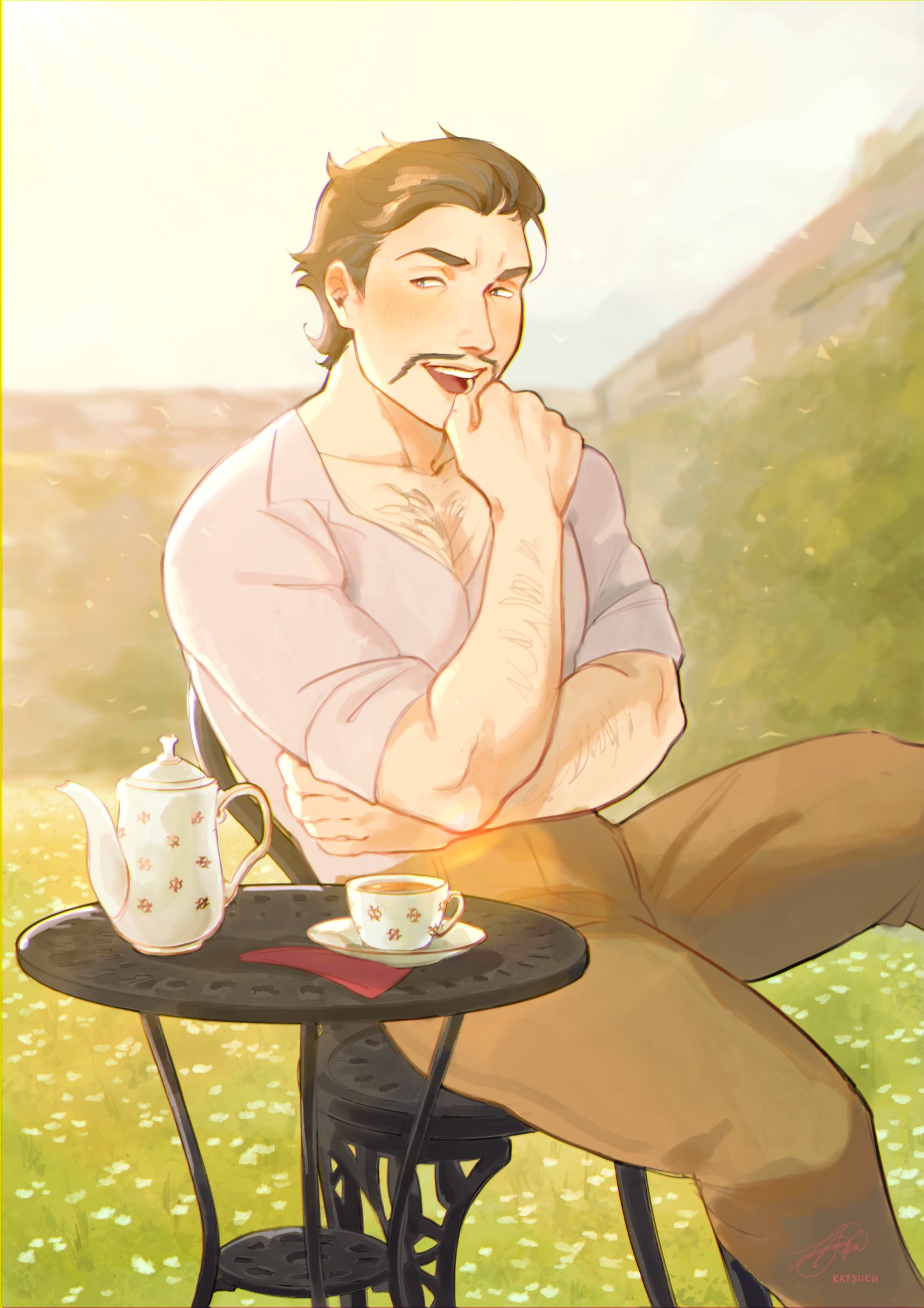 1boy alois_rangeld alternate_costume arm_hair blue_eyes brown_hair chest_hair commission cup facial_hair fire_emblem fire_emblem:_three_houses highres katsucii looking_to_the_side male_focus muscular mustache solo teacup teapot