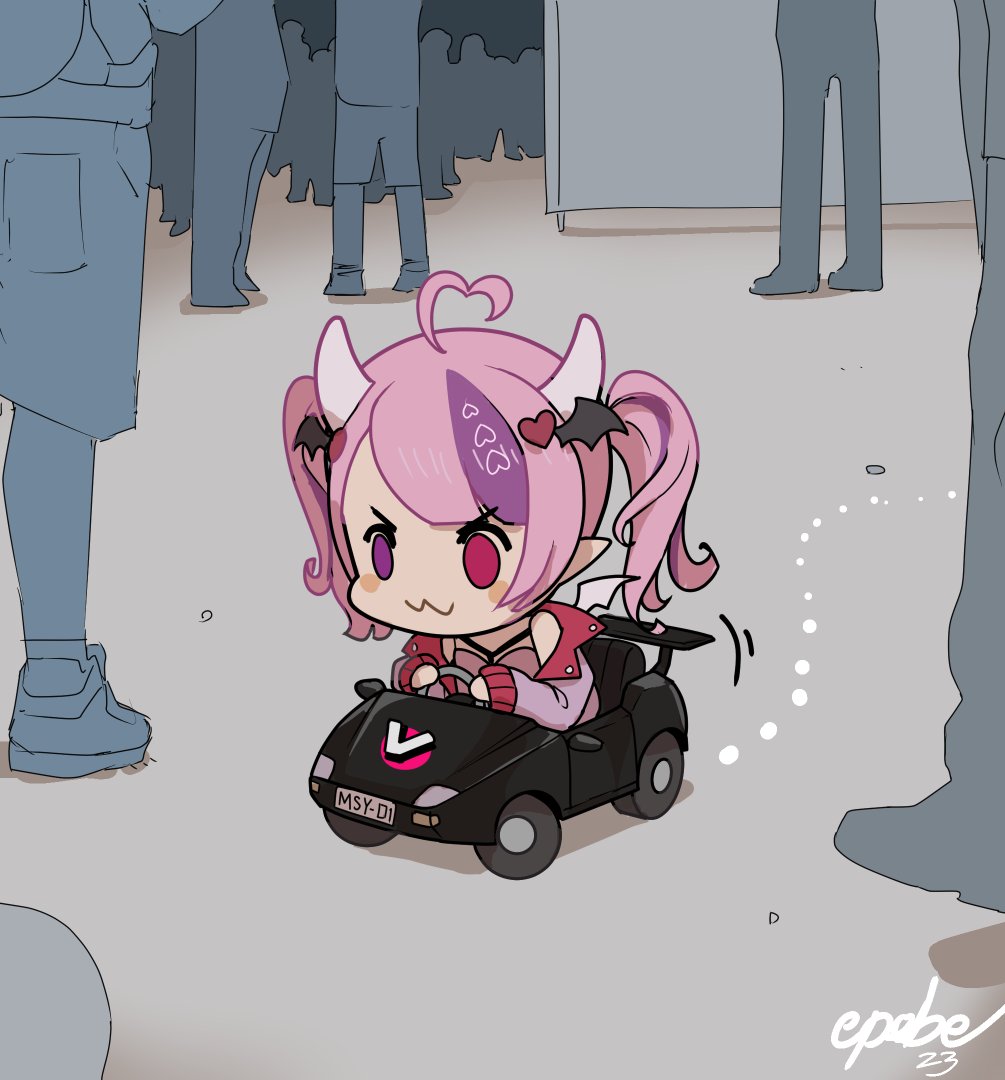 :3 ahoge blush_stickers car chibi crowd demon_wings driving epebe heart heart_ahoge heterochromia horns ironmouse jacket motor_vehicle pink_hair pink_jacket pointy_ears red_eyes signature twintails violet_eyes virtual_youtuber vshojo wings