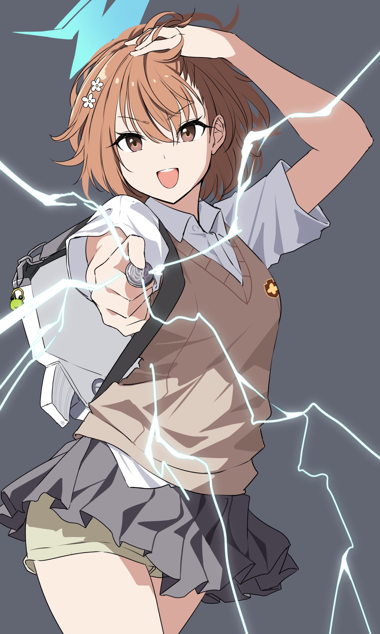 1girl :d assault_rifle bag_charm blue_archive blue_halo brown_eyes brown_hair brown_sweater_vest bullpup charm_(object) coin collared_shirt crossover electricity electrokinesis flower fn_f2000 gekota grey_background grey_skirt gun hair_between_eyes hair_flower hair_ornament hairpin halo hand_in_own_hair hand_on_own_head highres holding holding_coin looking_at_viewer misaka_mikoto open_mouth pleated_skirt psychic railgun_(misaka_mikoto) reia_76 rifle school_emblem school_uniform shirt short_hair short_sleeves shorts shorts_under_skirt simple_background skirt smile solo summer_uniform sweater_vest toaru_kagaku_no_railgun toaru_kagaku_no_railgun_t toaru_majutsu_no_index tokiwadai_school_uniform weapon white_shirt
