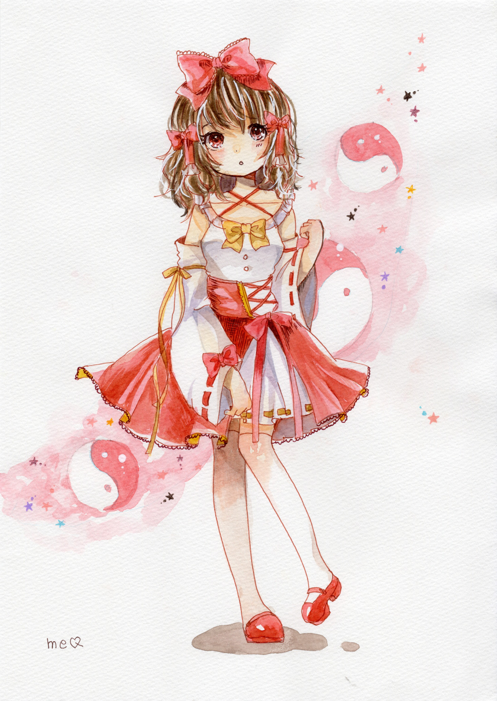 1girl :o adapted_costume alternate_hairstyle bow breasts brown_hair collarbone detached_sleeves frilled_bow frilled_skirt frills full_body hair_bow hakurei_reimu highres looking_at_another mary_janes medium_hair open_mouth orb painting_(medium) pink_background red_bow red_eyes red_footwear red_ribbon red_skirt ribbon ribbon-trimmed_sleeves ribbon_trim shirt shoes simple_background skirt sleeve_bow small_breasts solo standing thigh-highs totoki_mea touhou traditional_media watercolor_(medium) white_background white_shirt white_thighhighs yellow_bow yin_yang yin_yang_orb