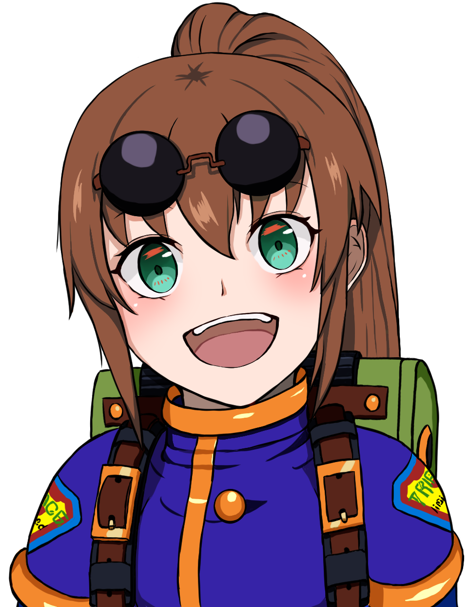 1girl :d blush brown_hair eyewear_on_head green_eyes highres long_hair looking_at_viewer open_mouth ponytail precis_neumann simple_background smile solo star_ocean star_ocean_the_second_story sunglasses white_background yanks