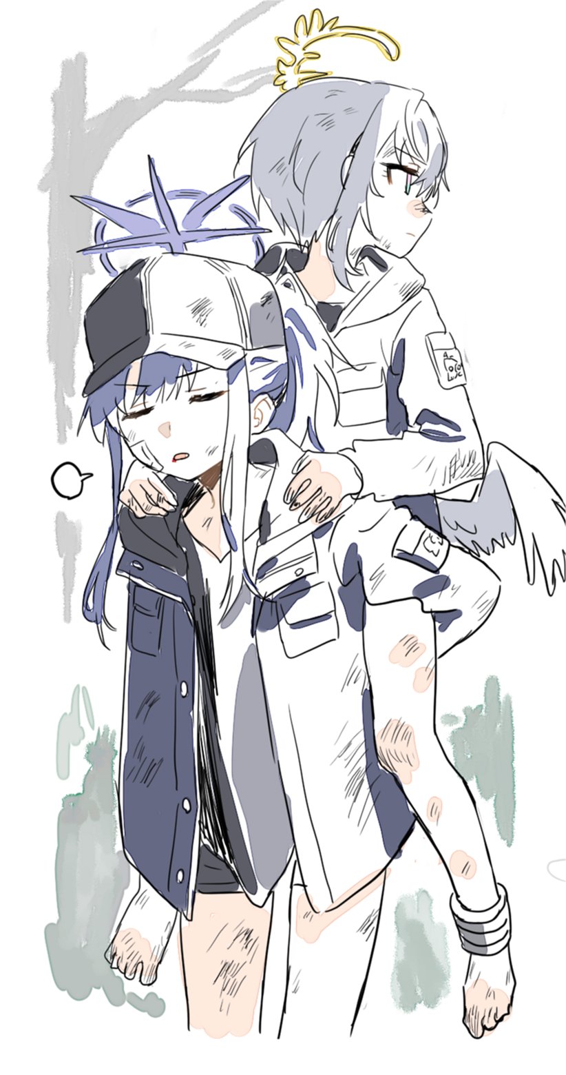 2girls aged_down angel_wings azusa_(blue_archive) bandaid bandaid_on_face bangle barefoot baseball_cap black_jacket blue_archive bracelet bruise carrying commentary_request halo hat highres hood hooded_jacket injury jacket jewelry long_hair long_sleeves low_wings multiple_girls nmnm2332chan piggyback ponytail saori_(blue_archive) short_hair shorts white_wings wings