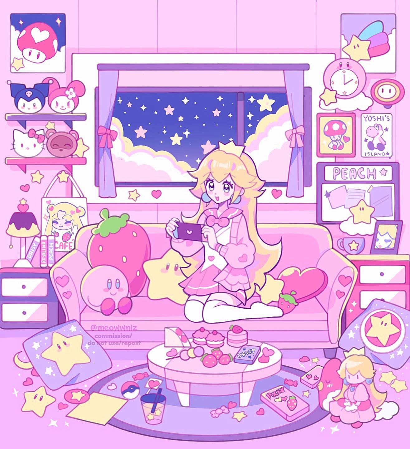 1girl :d analog_clock animal_crossing artist_name bishoujo_senshi_sailor_moon blonde_hair blue_eyes blush book bow bowtie box bulletin_board cake cake_slice candy cardigan character_doll character_name clock clouds commentary couch crown cup curtains dango desk_lamp disposable_cup drawer drinking_straw earrings english_commentary eyelashes fire_flower food fruit hair_between_eyes handheld_game_console hands_up heart heart_lollipop heart_pillow hello_kitty hello_kitty_(character) highres holding holding_handheld_game_console indoors jewelry kirby kirby_(series) kuromi lamp lollipop long_hair long_sleeves luvdisc macaron meowwniz mini_crown mug my_melody night night_sky on_couch onegai_my_melody open_cardigan open_clothes open_mouth paper picture_frame pillow pink_bow pink_bowtie pink_cardigan pink_sailor_collar pink_skirt pleated_skirt pocky poke_ball poke_ball_(basic) pokemon poster_(object) princess_peach rug sailor_collar sanrio school_uniform shaped_lollipop shelf shirt sidelocks sitting skirt sky smile solo sphere_earrings star_(sky) star_(symbol) star_pillow starry_sky strawberry strawberry_pillow strawberry_pocky stuffed_toy super_mario_bros. super_mushroom super_star_(mario) table thigh-highs toad_(mario) tom_nook_(animal_crossing) tsukino_usagi twitter_username very_long_hair wagashi wall_clock white_shirt white_thighhighs window yoshi