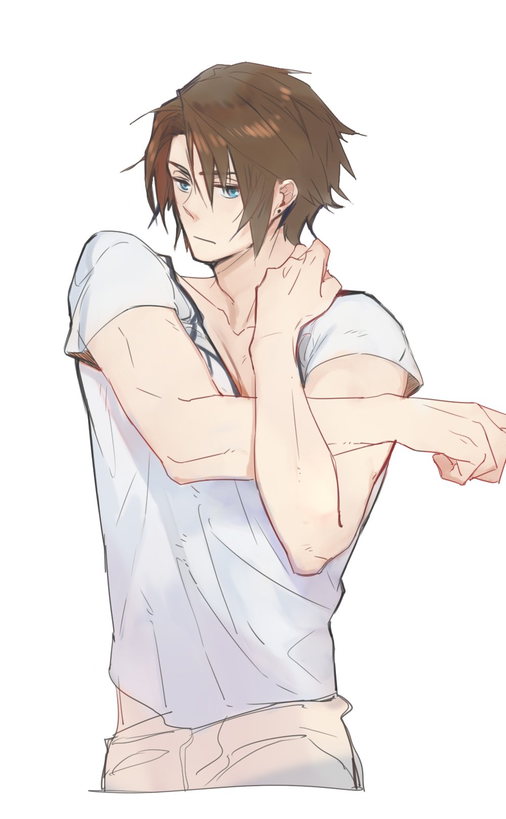 1boy blue_eyes brown_hair cross-body_stretch earrings expressionless final_fantasy final_fantasy_viii highres jewelry male_focus muscular muscular_male nini_tw99 pants scar scar_on_face shirt short_hair simple_background solo squall_leonhart standing stretching stud_earrings t-shirt v-neck white_background white_shirt