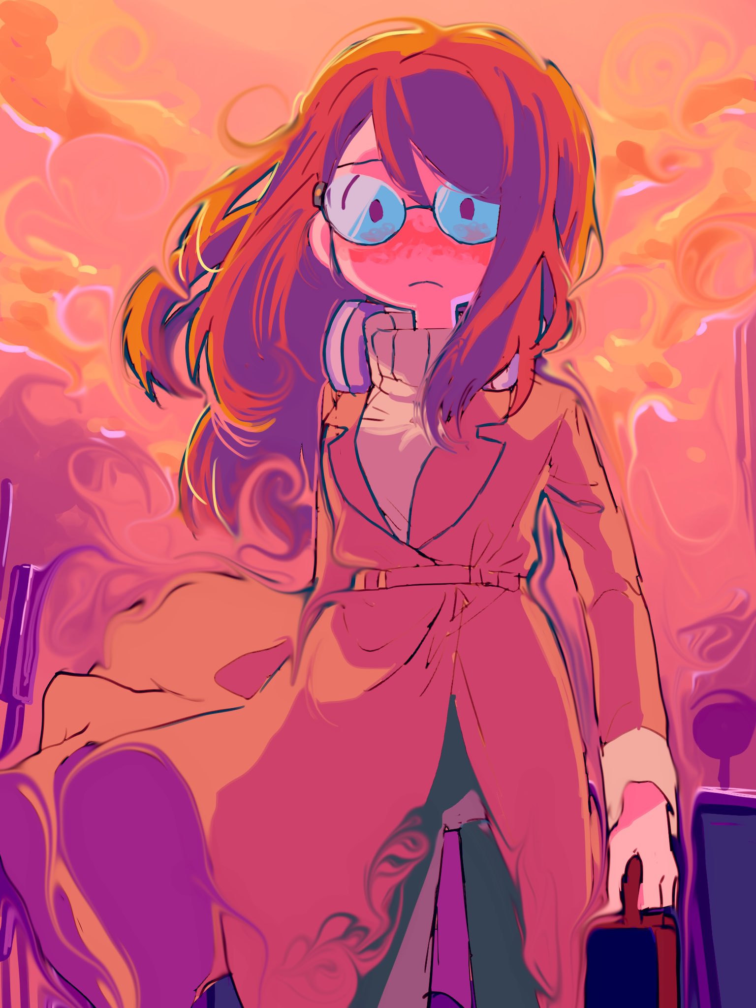 1girl adventure_time adventure_time:_fionna_and_cake betty_grof briefcase brown_coat bus_stop closed_mouth coat glasses highres holding holding_briefcase light_frown long_hair orange_sky petpetschale47 pov redhead sky solo sunset sweater trench_coat