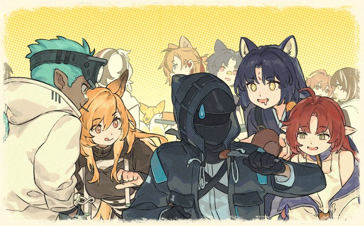 +_+ 1other 3girls 6+boys :q ahoge ambiguous_gender animal_ears arknights black_gloves black_hair black_shirt blue_hair brown_hair brown_jacket ceobe_(arknights) character_request dark-skinned_male dark_skin doctor_(arknights) dog_ears dog_girl drooling elysium_(arknights) ethan_(arknights) favilia fork gloves goggles goggles_on_head green_eyes hair_between_eyes holding holding_fork hood hood_down hooded_jacket jacket japanese_clothes licking_lips long_hair long_sleeves minimalist_(arknights) mouth_hold multiple_boys multiple_girls myrtle_(arknights) open_clothes open_jacket open_mouth pointy_ears red_eyes redhead saga_(arknights) shirt simple_background stainless_(arknights) tank_top tongue tongue_out white_hair white_jacket white_tank_top yellow_background yellow_eyes