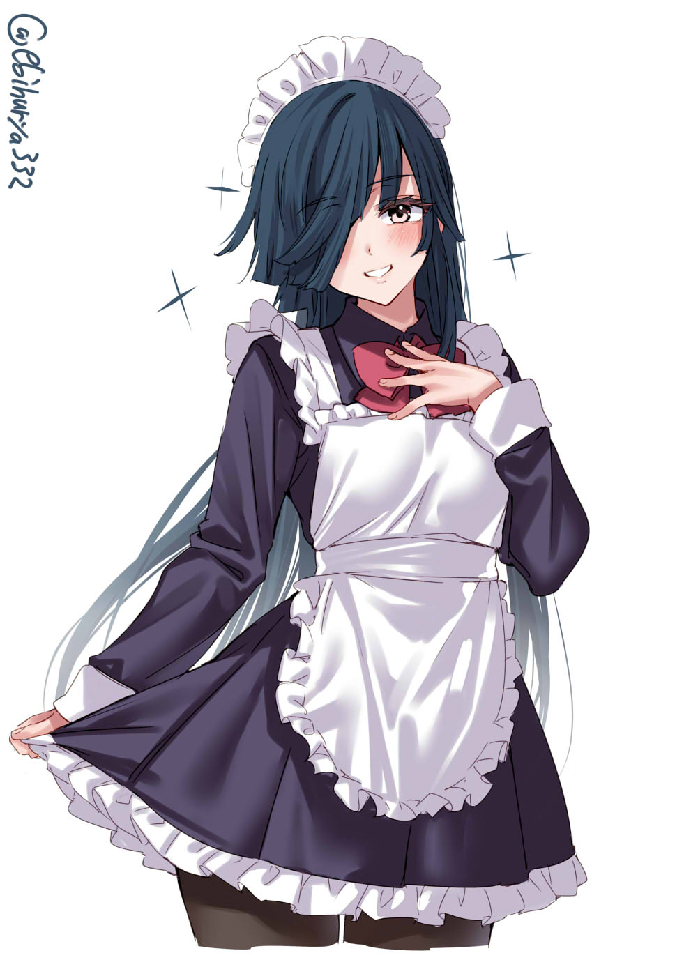 1girl apron blue_hair blush collared_dress cowboy_shot cropped_legs dress ebifurya frilled_apron frills grin hair_over_one_eye hand_on_own_chest hand_up hayashimo_(kancolle) highres kantai_collection long_hair long_sleeves looking_at_viewer maid_headdress one-hour_drawing_challenge pantyhose petticoat red_ribbon ribbon simple_background smile solo sparkle twitter_username very_long_hair white_apron white_background