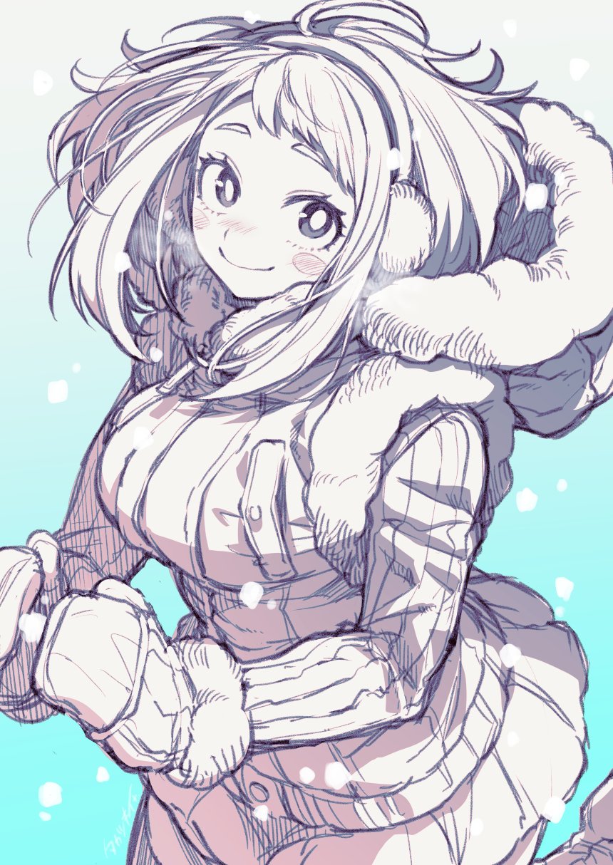 1girl blue_background blush_stickers boku_no_hero_academia closed_mouth commentary_request earmuffs gloves gradient_background greyscale greyscale_with_colored_background highres hood hooded_coat long_sleeves monochrome short_hair smile solo takatsuki_ichi uraraka_ochako