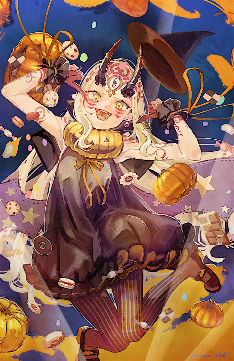 1girl arm_tattoo black_dress blonde_hair candy chocolate chocolate_bar cookie dress facial_mark fate/grand_order fate_(series) fingernails food forehead_mark halloween hat highres horns ibaraki_douji_(fate) isagiyo long_hair looking_at_viewer mary_janes neck_ribbon oni oni_horns open_mouth orange_ribbon pointing pointing_at_self pumpkin ribbon sharp_fingernails shoes sleeveless sleeveless_dress smile solo striped striped_thighhighs tattoo thigh-highs vertical-striped_thighhighs vertical_stripes witch_hat wrist_cuffs wrist_ribbon yellow_eyes
