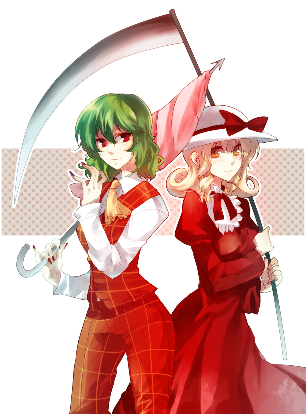 2girls ascot blonde_hair closed_umbrella elly fingernails green_hair hat highres kazami_yuuka kazami_yuuka_(pc-98) multiple_girls nail_polish nails nr_(cmnrr) pants parasol plaid_pants plaid_vest polka_dot polka_dot_background puffy_sleeves red_eyes ribbon scythe smile touhou touhou_(pc-98) umbrella white_background yellow_eyes