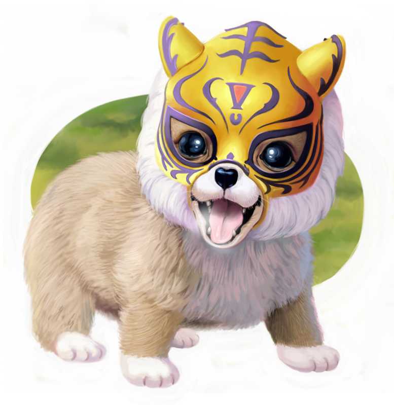 commentary cosplay dog mask open_mouth sakkan solo tiger_mask tongue welsh_corgi wrestling
