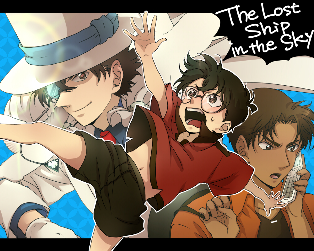 bad_id brown_eyes brown_hair cellphone child dark_skin detective_conan edogawa_conan glasses hat hattori_heiji hattori_heji kaito_kid male monocle multiple_boys phone short_hair shorts smile top_hat usagi_(1988)