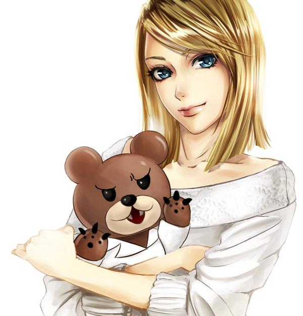 bear blonde_hair blue_eyes hug sadakage simple_background source_request