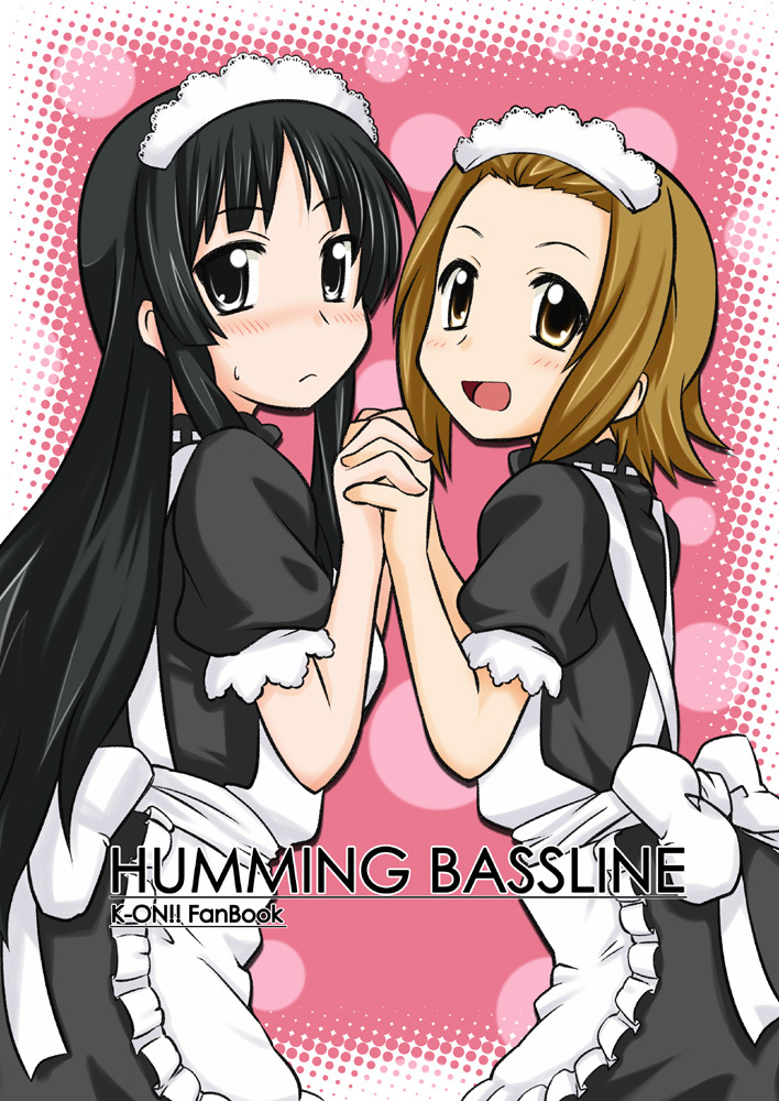 akiyama_mio black_eyes black_hair blush brown_eyes brown_hair holding_hands k-on! long_hair maid multiple_girls satsuki_inari short_hair symmetry tainaka_ritsu