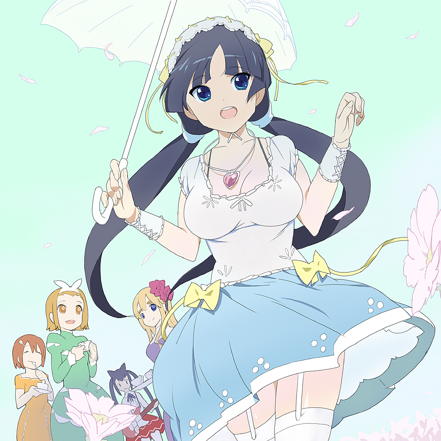 alternate_costume alternate_hairstyle black_hair blue_eyes casual fashion hirasawa_yui k-on! kawasaki_kazuhiko kotobuki_tsumugi lolita_fashion long_hair nakano_azusa tainaka_ritsu thigh-highs thighhighs twintails umbrella