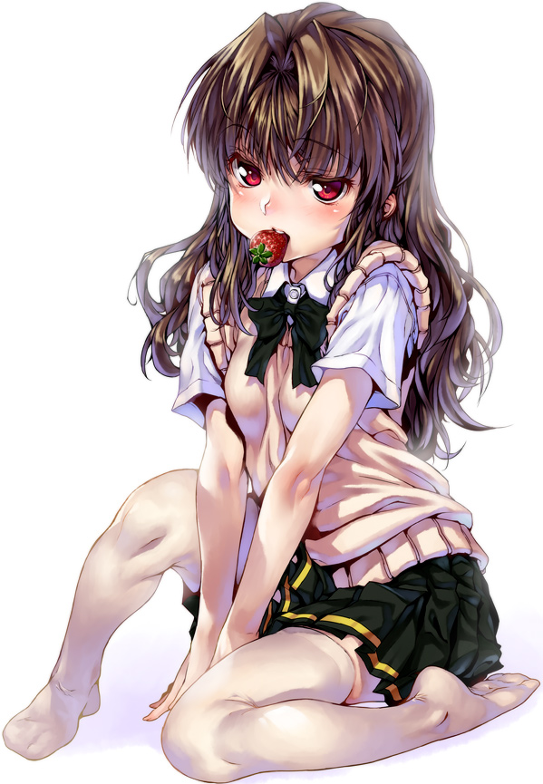 blush bow feet flat_chest food fruit kink long_hair morino_ichigo mouth_hold naughty_face onegai_teacher onegai_twins pleated_skirt red_eyes school_uniform simple_background sitting skirt solo strawberry sweater_vest thigh-highs thighhighs white_legwear