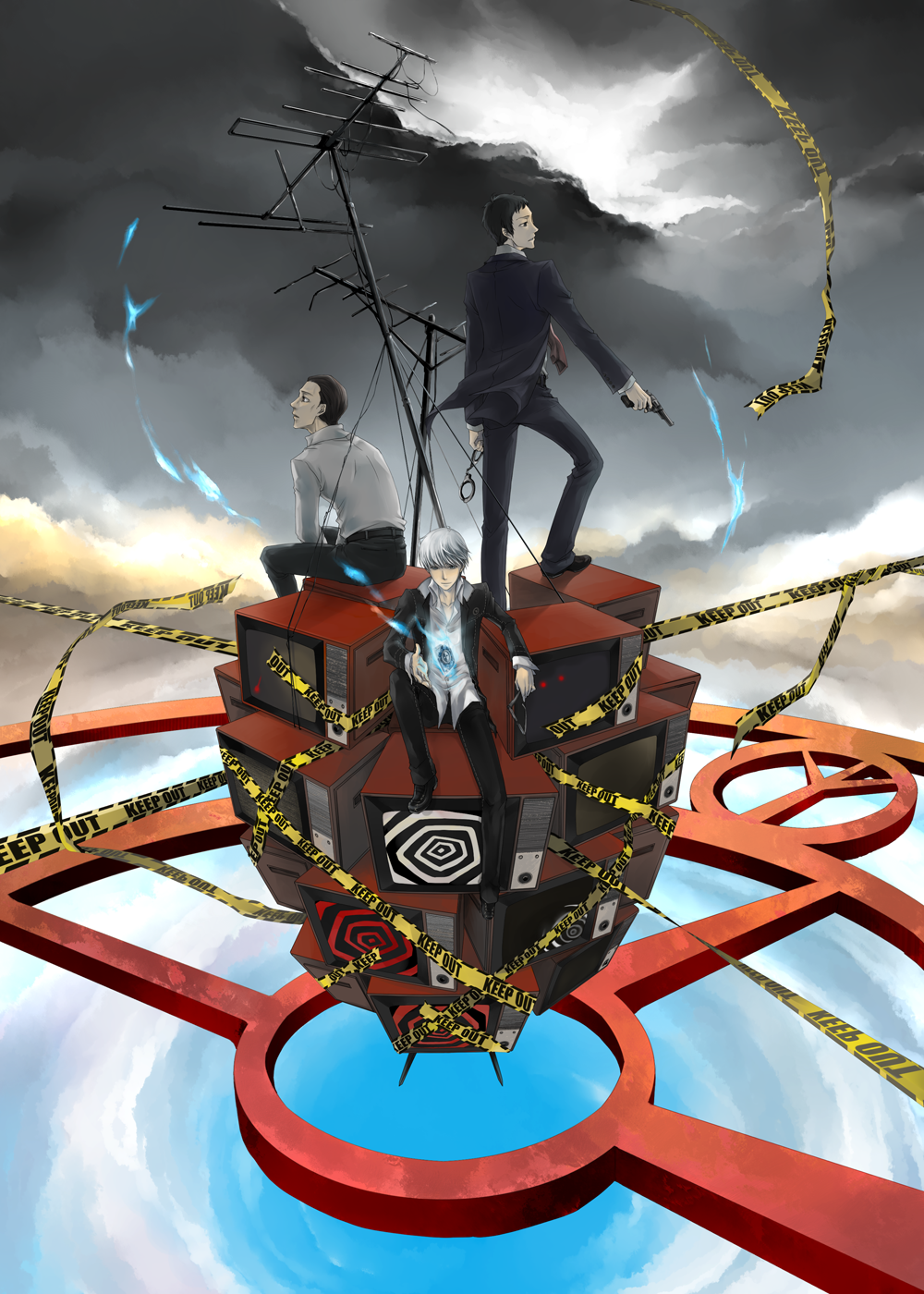 adachi_tohru aerial black_hair caution_tape cuffs glasses grey_hair gun hai handcuffs highres holding holding_glasses namatame_tarou narukami_yuu persona persona_4 seta_souji television weapon