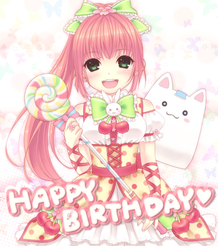 bad_id bangs blush blush_stickers bow bunny butterfly candy cherry earrings english flower food food_as_clothes food_themed_clothes fruit green_eyes hair_bow hair_flower hair_ornament hana happy happy_birthday jewelry lollipop long_hair mmmxx musical_note o_o pangya paw_print pink_hair polka_dot ponytail ring swirl_lollipop treble_clef