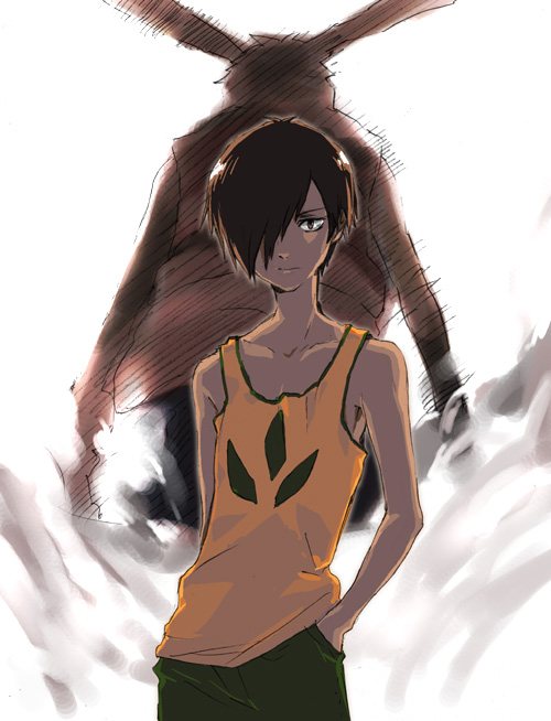 brown_hair dual_persona from_behind furry hair_over_one_eye hand_in_pocket hosaka_dx ikezawa_kazuma king_kazuma male puffer_jacket simple_background sleeveless summer_wars