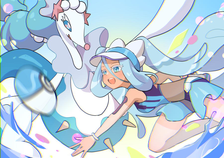 1girl blue_eyes blue_hair colored_eyelashes dive_ball hatsune_miku long_hair mizuiro123 open_mouth poke_ball pokemon pokemon_(creature) primarina project_voltage starfish_hair_ornament swimsuit tan tanlines twintails very_long_hair visor_cap vocaloid water_miku_(project_voltage)