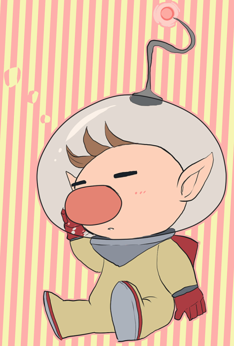 1boy alien backpack bag big_nose blush_stickers brown_hair closed_eyes commentary_request full_body gloves hand_on_own_head helmet isibatamako male_focus olimar parted_lips pikmin_(series) pink_background pointy_ears radio_antenna red_bag red_gloves short_hair sitting sleep_bubble solo space_helmet spacesuit striped striped_background two-tone_background very_short_hair yellow_background