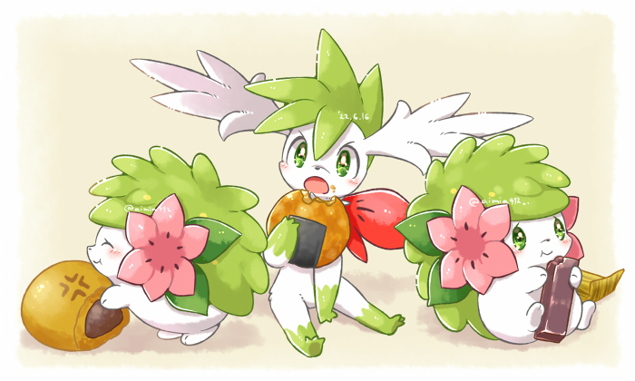:t ^_^ aimi_(aimia492) artist_name blush border closed_eyes closed_mouth commentary_request cracker eating flower food food_on_face food_request green_eyes holding holding_food no_humans open_mouth pink_flower pokemon pokemon_(creature) senbei shaymin shaymin_(land) shaymin_(sky) simple_background sitting smile twitter_username v-shaped_eyebrows white_border yellow_background