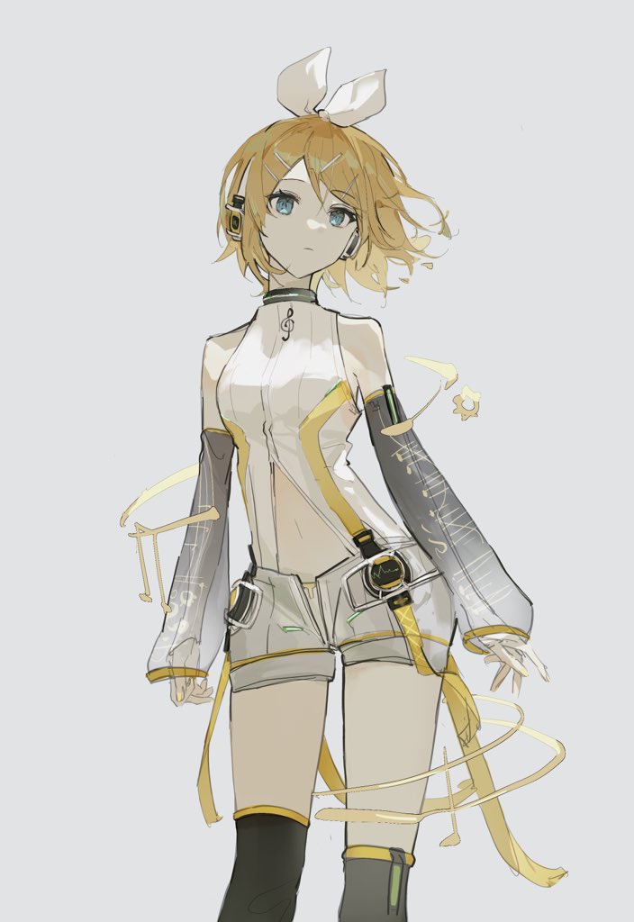 1girl aqua_eyes arm_warmers bare_shoulders beamed_eighth_notes blonde_hair bow clothing_cutout contrapposto cowboy_shot detached_sleeves eighth_note grey_background hair_bow hair_ornament hairclip head_tilt headphones headset hip_gear kagamine_rin kagamine_rin_(append) leg_warmers looking_at_viewer musical_note navel navel_cutout pendant_choker popped_collar pye_yyy quarter_note see-through see-through_sleeves short_hair shorts solo standing treble_clef vocaloid vocaloid_append