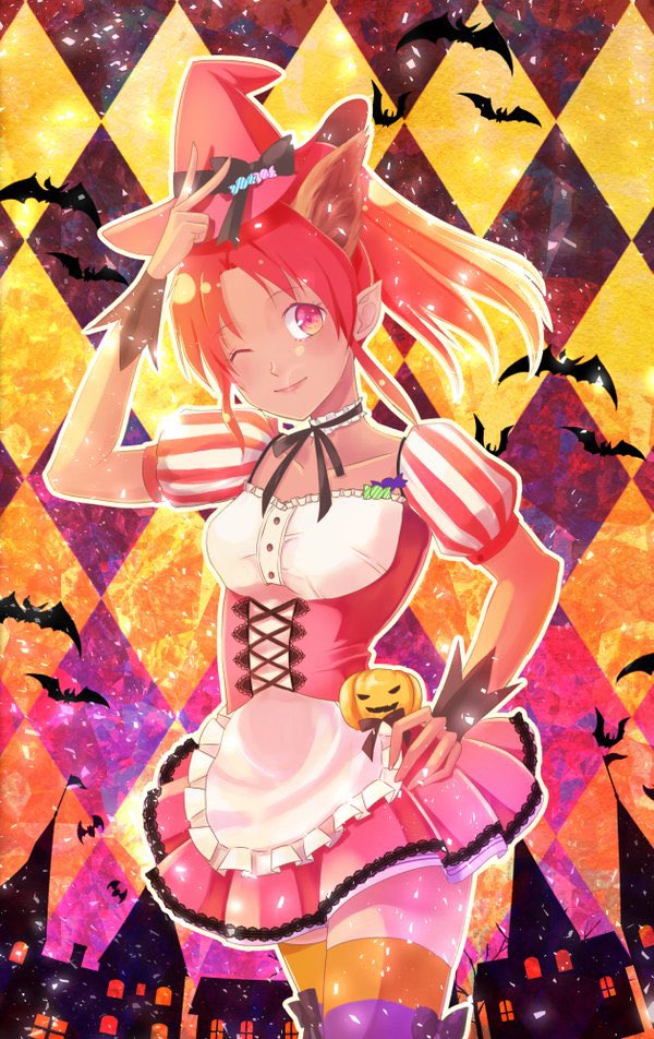 1girl animal_ears argyle argyle_background bat_(animal) closed_mouth collarbone dress fake_animal_ears halloween_costume hat jack-o'-lantern long_hair looking_at_viewer macchi_theo millie_chliette one_eye_closed orange_thighhighs pink_eyes pink_hair pointy_ears ponytail skirt smile solo star_ocean star_ocean_anamnesis star_ocean_first_departure thigh-highs v witch_hat