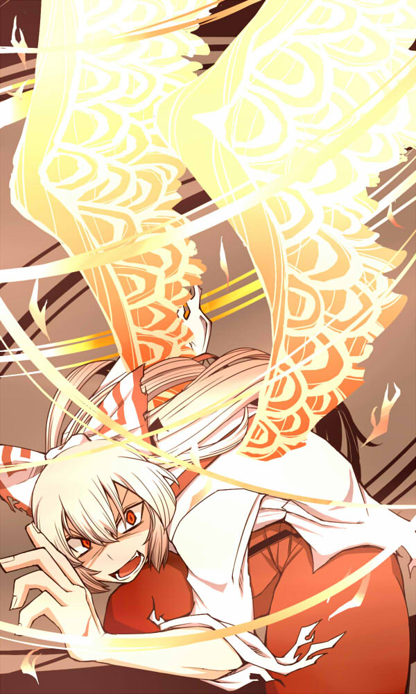 1girl bow brown_background commentary_request feet_out_of_frame fiery_wings fingernails fire fujiwara_no_mokou hair_between_eyes hair_bow kuri_dora long_bangs long_hair long_sleeves looking_at_viewer open_mouth pants red_eyes red_pants shaded_face shirt solo suspenders teeth torn_clothes torn_sleeves touhou v-shaped_eyebrows very_long_hair white_bow white_hair white_shirt wings