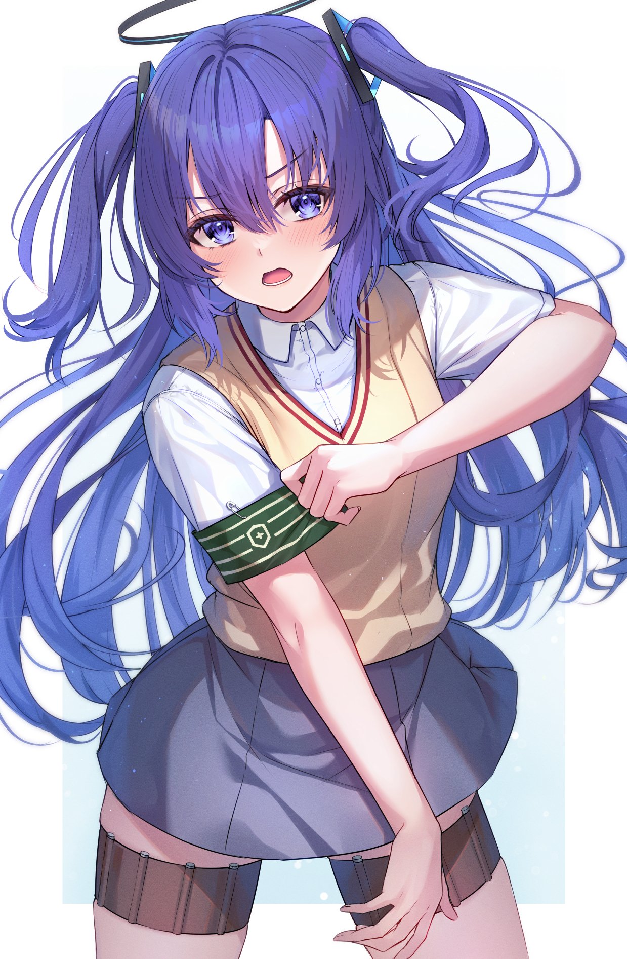 1girl armband blue_archive brown_sweater_vest collared_shirt commentary_request cosplay green_armband grey_skirt halo highres holster long_hair needle pleated_skirt pose_imitation primamiya purple_hair safety_pin school_uniform shirai_kuroko shirai_kuroko_(cosplay) shirt short_sleeves simple_background skirt solo summer_uniform sweater_vest thigh_holster throwing_needles tokiwadai_school_uniform two_side_up violet_eyes white_shirt yuuka_(blue_archive)