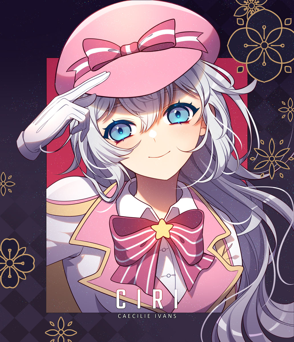 1girl argyle argyle_background blue_eyes bow bowtie brooch character_name closed_mouth coattails collared_shirt colored_eyelashes commentary commission disembodied_limb english_commentary english_text floral_background gloves grey_hair hand_on_headwear hat hat_bow head_tilt hen-tie highres jewelry long_hair military_hat military_uniform original pink_bow pink_bowtie pink_headwear pink_vest purple_background salute shirt shoulder_pads single_stripe smile solo star_brooch straight-on striped striped_bow striped_bowtie uniform upper_body vest wavy_hair white_gloves white_shirt yellow_trim