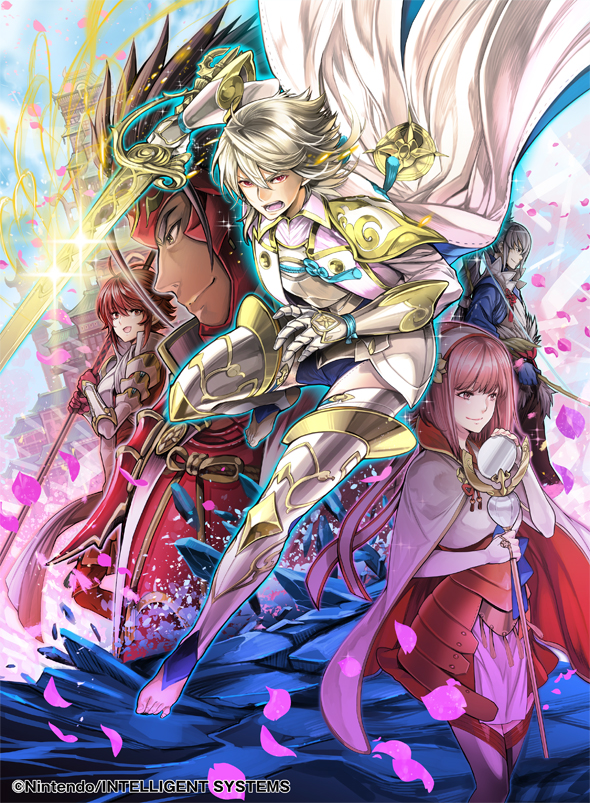 2girls 3boys armor cape closed_mouth corrin_(fire_emblem) corrin_(male)_(fire_emblem) fire_emblem fire_emblem_cipher fire_emblem_fates hinoka_(fire_emblem) holding holding_sword holding_weapon japanese_armor multiple_boys multiple_girls official_art open_mouth red_eyes ryoma_(fire_emblem) sakura_(fire_emblem) sword takumi_(fire_emblem) toyota_saori weapon white_hair
