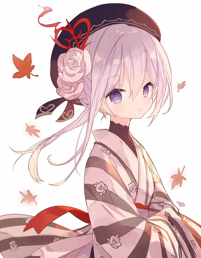 1girl black_headwear character_request closed_mouth copyright_request flower from_side hair_flower hair_ornament hat japanese_clothes kimono leaf long_hair mizumizu_(phoenix) simple_background sinoalice solo striped striped_kimono violet_eyes white_background white_hair