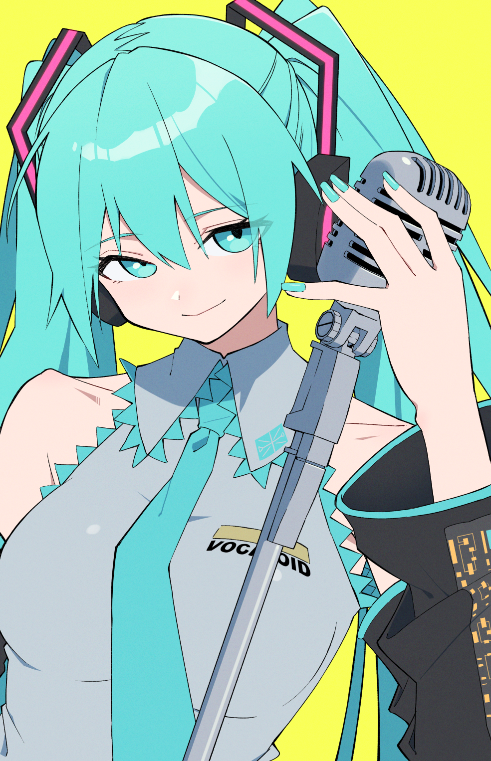 1girl aqua_eyes aqua_hair aqua_nails aqua_necktie bare_shoulders black_sleeves breasts closed_mouth collarbone collared_shirt commentary detached_sleeves elbow_sleeve fingernails grey_shirt hair_between_eyes hair_ornament hand_up hatsune_miku headset highres holding holding_microphone long_hair looking_at_viewer medium_breasts microphone nail_polish necktie shimizu_tomoki shirt simple_background sleeveless sleeveless_shirt smile solo twintails upper_body vintage_microphone vocaloid yellow_background