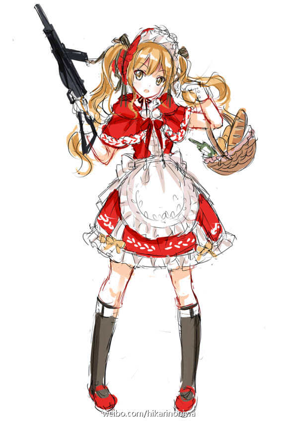 1girl alternate_costume apron basket black_ribbon black_socks blonde_hair bottle bread capelet commentary_request dress food frilled_bonnet full_body girls_frontline gloves gun hair_ribbon hands_up holding holding_basket holding_gun holding_weapon kneehighs korean_commentary little_red_riding_hood_(grimm) long_hair looking_at_viewer mary_janes open_mouth red_capelet red_dress red_footwear red_headwear ribbon shoes simple_background socks solo standing sten_gun sten_mkii_(girls'_frontline) third-party_source twintails waist_apron weapon web_address weibo_username white_apron white_background white_gloves yellow_eyes zhenming