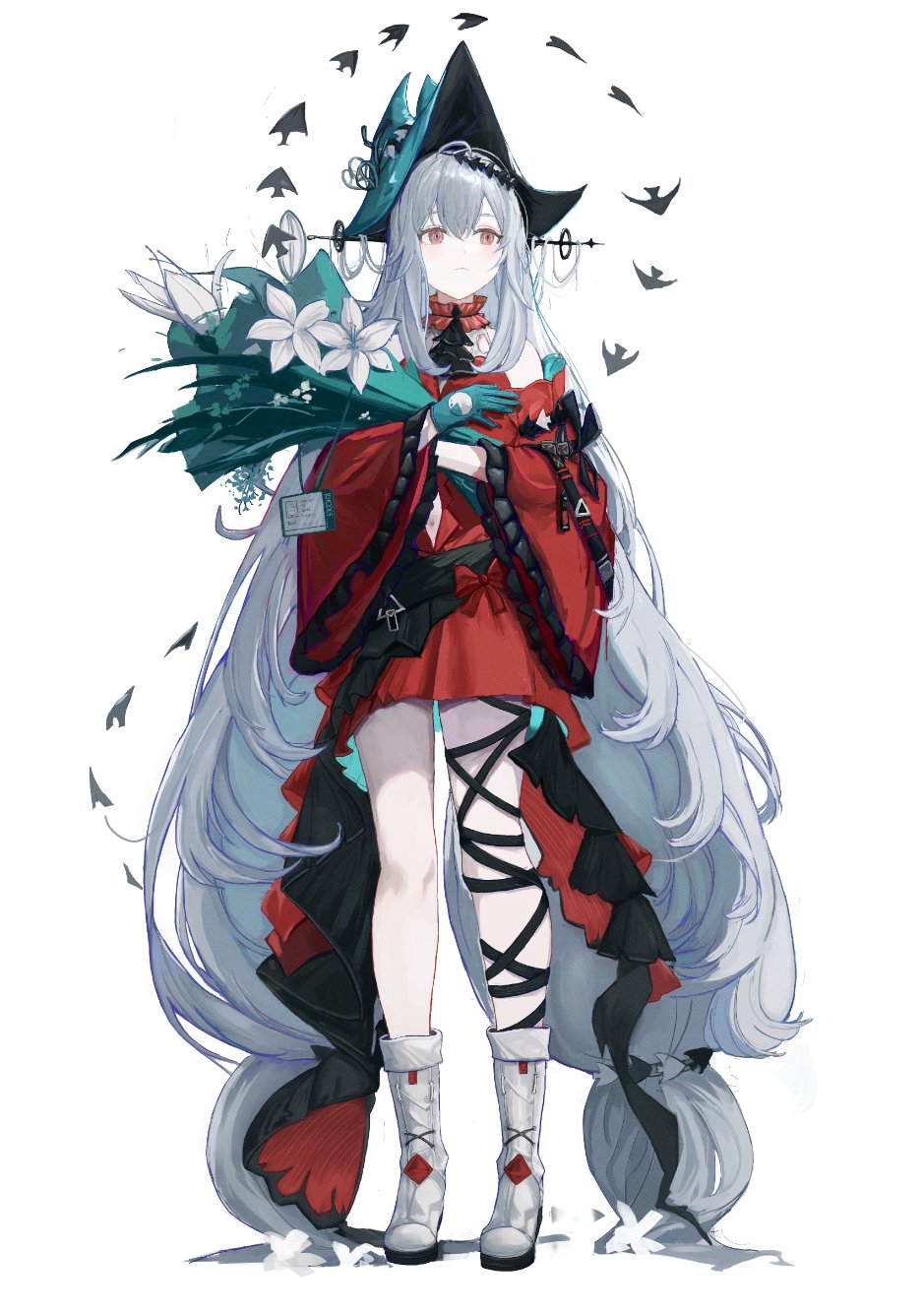 1girl absurdly_long_hair angelfish aqua_gloves aqua_headwear arknights ascot black_ascot boots bouquet closed_mouth clothing_cutout detached_sleeves dress fish flower frilled_sleeves frills full_body gloves grey_hair gumiaoandpeace highres holding holding_bouquet id_card leg_ribbon long_hair navel_cutout pointy_hat red_dress red_sleeves ribbon simple_background skadi_(arknights) skadi_the_corrupting_heart_(arknights) solo very_long_hair white_background white_flower white_footwear wide_sleeves