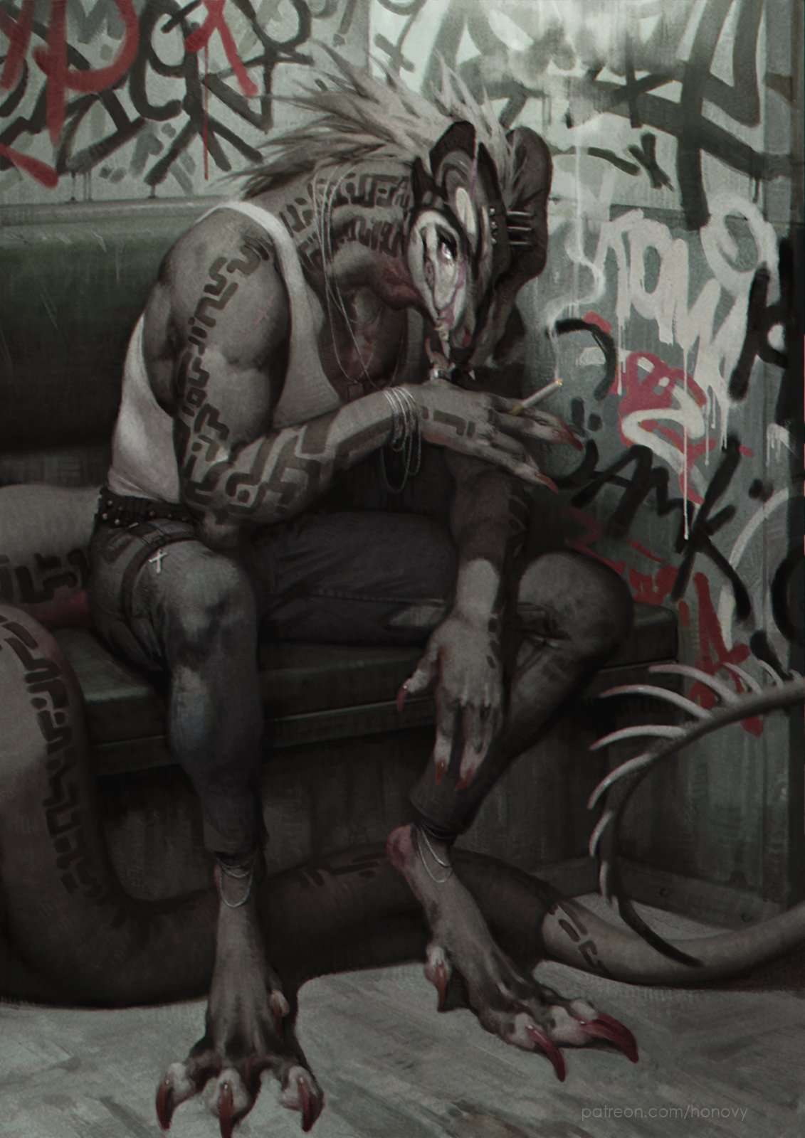 barefoot belt biceps black_belt bracelet cigarette cross denim full_body furry furry_male graffiti highres holding holding_cigarette honovyart jeans jewelry looking_at_viewer male_focus necklace original pants piercing sitting smoke solo spiked_tail spiky_hair tail tank_top tattoo white_eyes white_tank_top