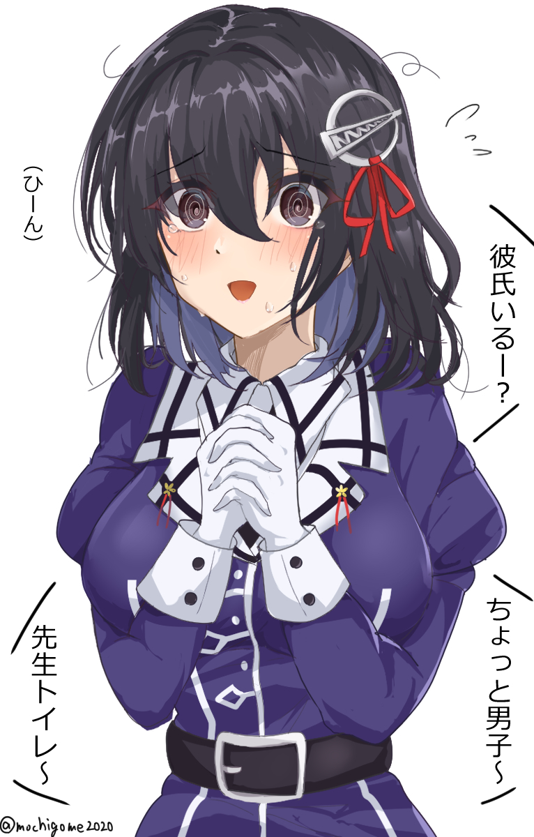 1girl black_hair bob_cut breasts brown_eyes chamumi_(mochiumee) commentary_request flying_sweatdrops gloves haguro_(kancolle) haguro_kai_ni_(kancolle) hair_ornament highres jacket kantai_collection large_breasts military_uniform own_hands_clasped own_hands_together purple_jacket short_hair simple_background solo translation_request uniform upper_body white_background white_gloves