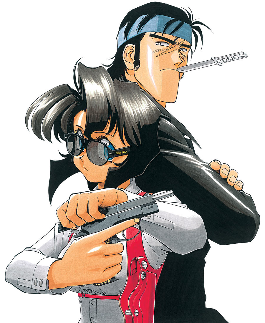 1boy 1girl back-to-back bean_bandit black_hair black_jacket blue_eyes blue_headband bob_cut breasts closed_mouth cocking_gun combat_knife constricted_pupils cover cover_page cross_scar crossed_arms cz_75 dark-skinned_female dark_skin expressionless eyelashes gun gunsmith_cats handgun headband height_difference holding holding_gun holding_weapon holster inverted_bob jacket knife knife_in_mouth long_sleeves looking_at_viewer manga_cover medium_breasts mouth_hold non-web_source official_art rally_vincent ray-ban scar shirt short_hair shoulder_holster sideburns sidelocks simple_background sonoda_ken'ichi sunglasses textless_version trigger_discipline upper_body weapon white_background white_eyes white_shirt